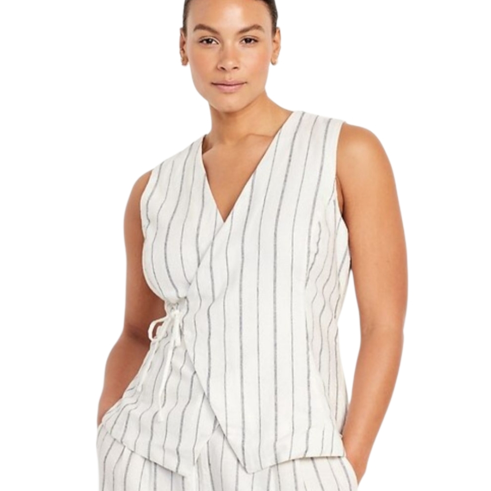 Linen Blend Side Tie Sleeveless Vest Natural Off White Striped Plus Size 3x